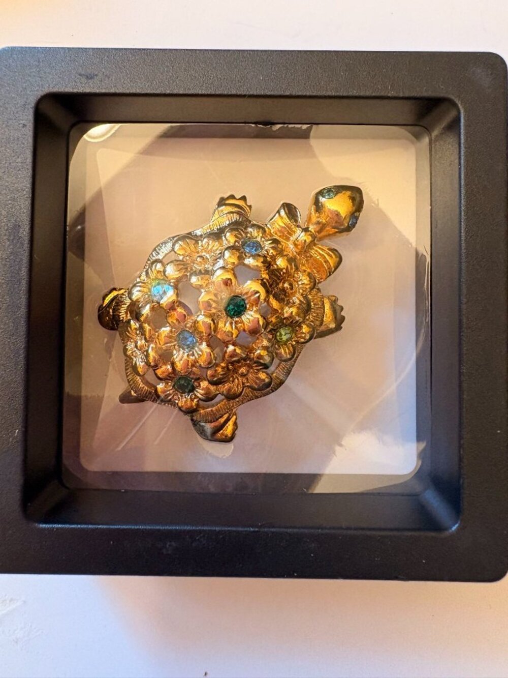 Vintage 1992 Signed AVON Floral Turtle Brooch Rhinestones